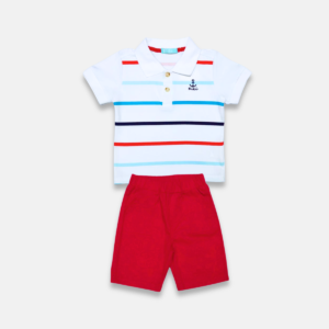 Conjunto Gola Polo Listrado Colorido e Bermuda de Sarja Baby Menino